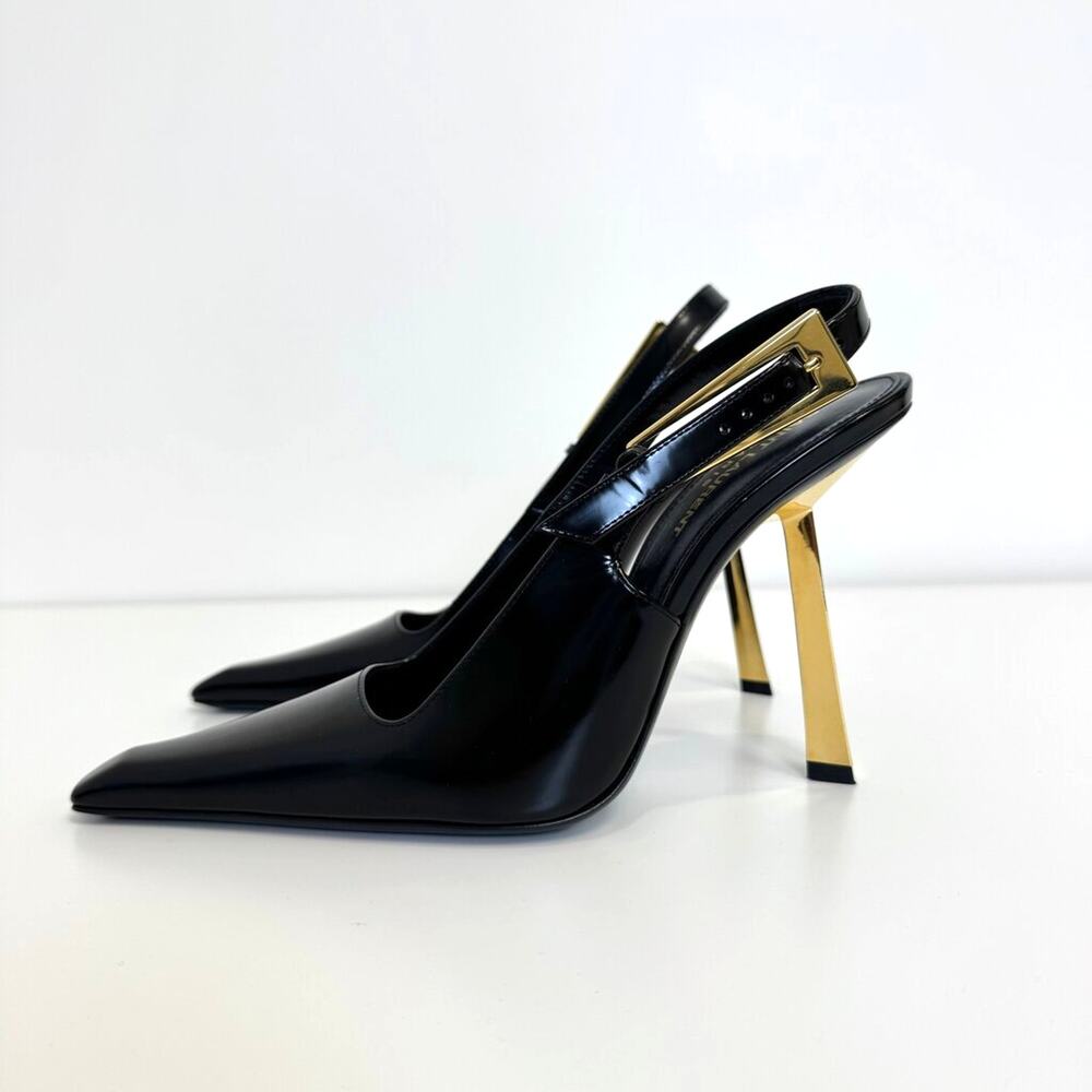 Saint Laurent Black Lee Slingback Pumps Gold Heel 38 NEW YSL Buckle Point Shoes - Picture 4 of 9